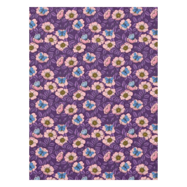 Dog rose and butterflies in pink and purple tablecloth (Front)