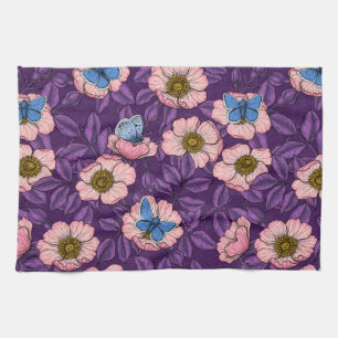 Dog rose and butterflies in pink and purple tea towel