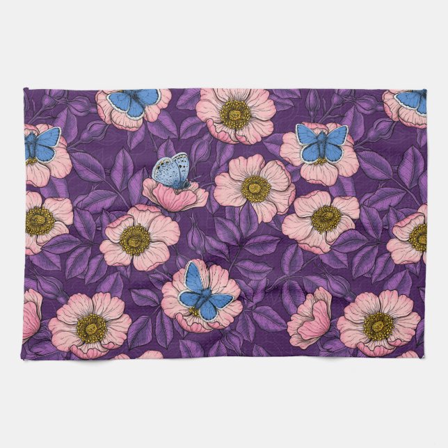 Dog rose and butterflies in pink and purple tea towel (Horizontal)