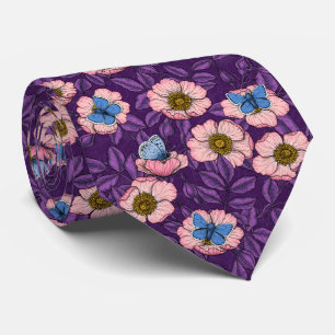 Dog rose and butterflies in pink and purple tie