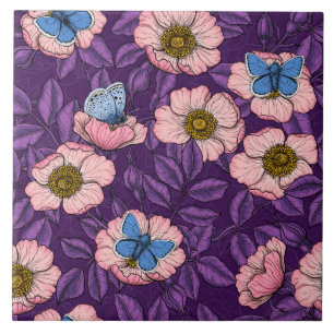 Dog rose and butterflies in pink and purple tile