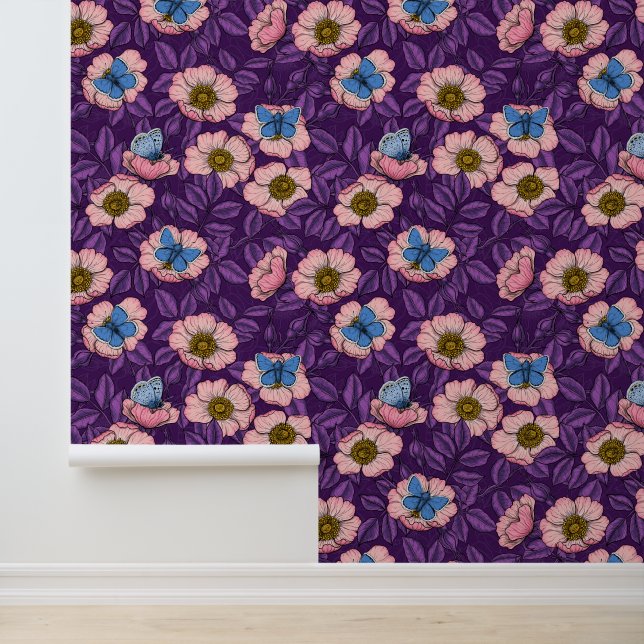 Dog rose and butterflies in pink and purple wallpaper (Application)