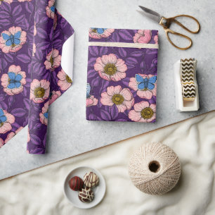 Dog rose and butterflies in pink and purple wrapping paper