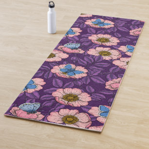 Dog rose and butterflies in pink and purple yoga mat