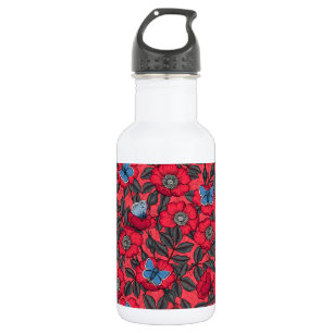 Dog rose and butterflies in red and blue 532 ml water bottle