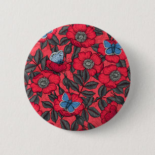Dog rose and butterflies in red and blue 6 cm round badge