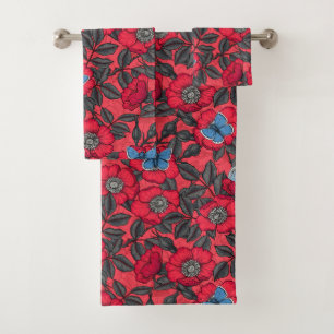 Dog rose and butterflies in red and blue bath towel set