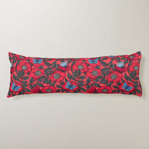 Dog rose and butterflies in red and blue body cushion