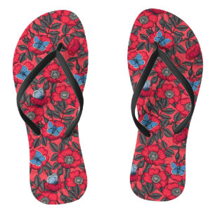 Dog rose and butterflies in red and blue flip flops