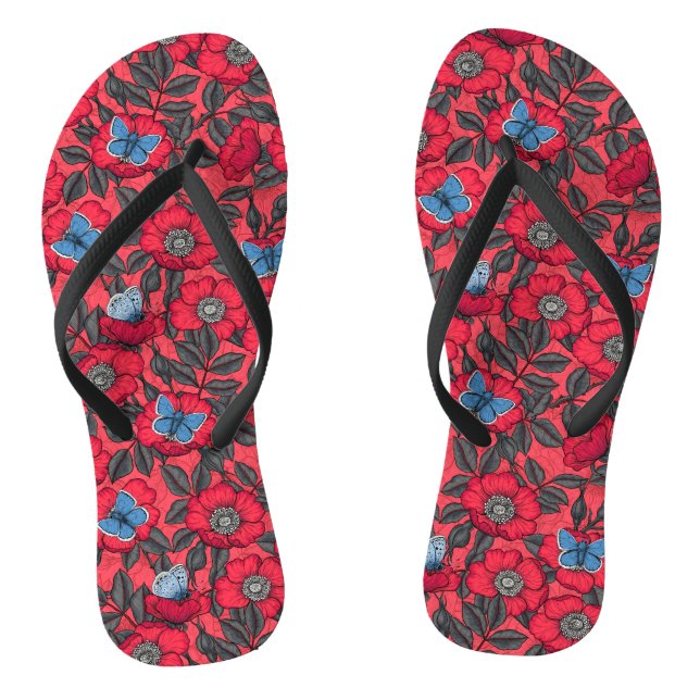 Dog rose and butterflies in red and blue flip flops (Footbed)