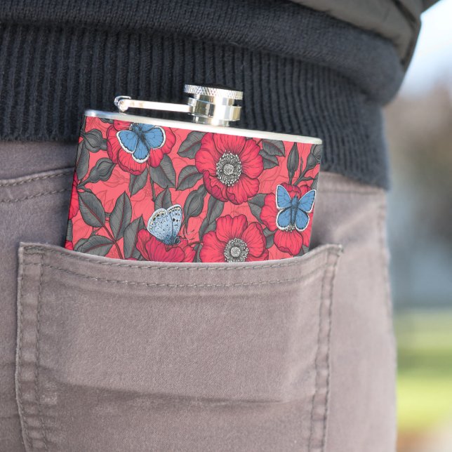 Dog rose and butterflies in red and blue hip flask (In Situ)