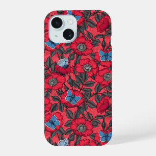 Dog rose and butterflies in red and blue iPhone 15 case