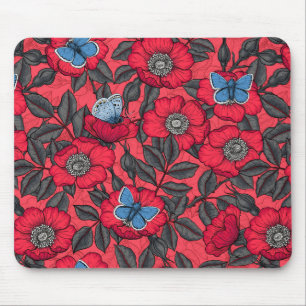 Dog rose and butterflies in red and blue mouse mat