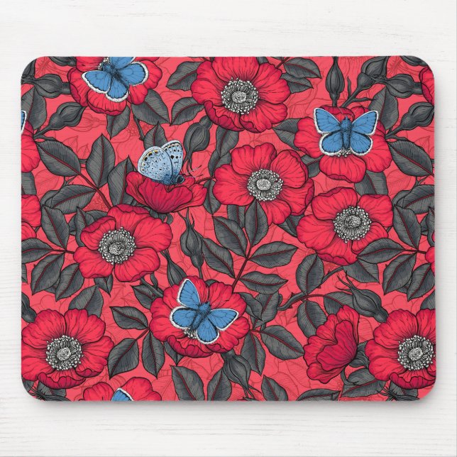 Dog rose and butterflies in red and blue mouse mat (Front)