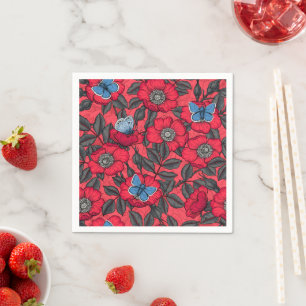 Dog rose and butterflies in red and blue napkin