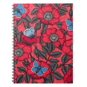Dog rose and butterflies in red and blue notebook