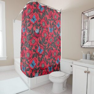 Dog rose and butterflies in red and blue shower curtain