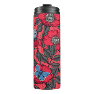 Dog rose and butterflies in red and blue thermal tumbler