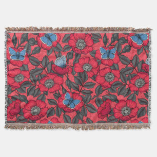 Dog rose and butterflies in red and blue throw blanket