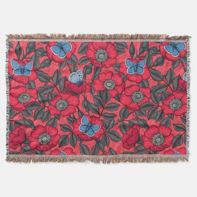 Dog rose and butterflies in red and blue throw blanket (Front)