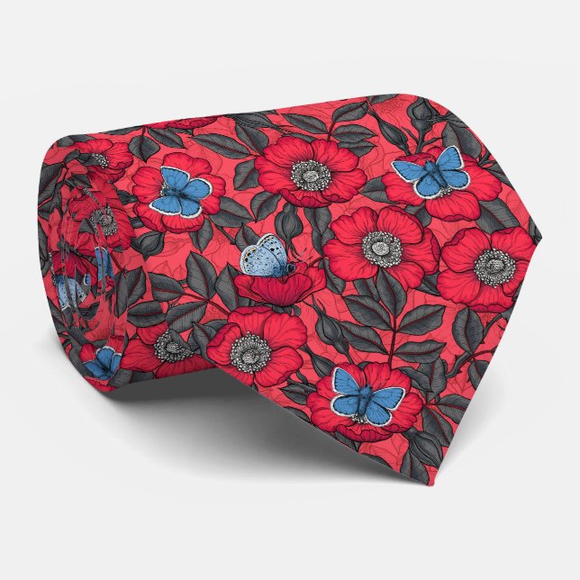 Dog rose and butterflies in red and blue tie (Rolled)