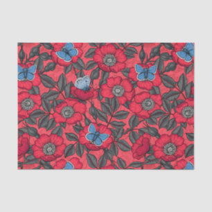 Dog rose and butterflies in red and blue tissue paper