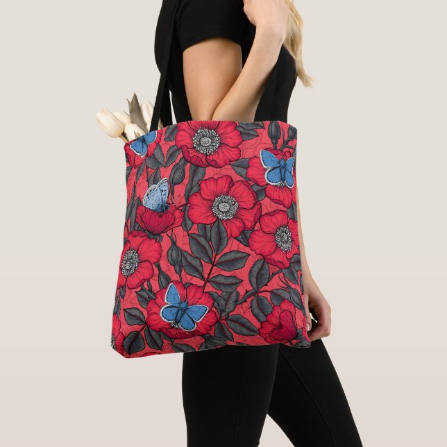 Dog rose and butterflies in red and blue tote bag (Close Up)