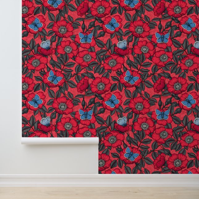 Dog rose and butterflies in red and blue wallpaper (Application)