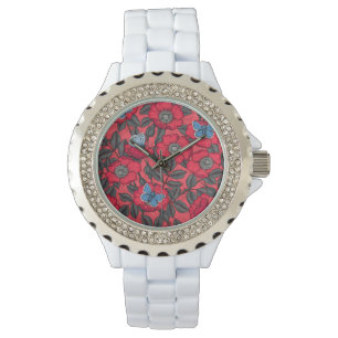 Dog rose and butterflies in red and blue watch