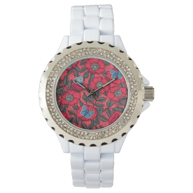 Dog rose and butterflies in red and blue watch (Front)