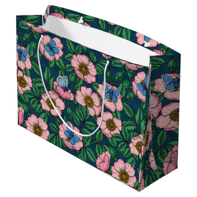 Dog rose and butterflies large gift bag (Back Angled)