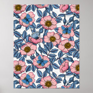 Dog rose and butterflies poster