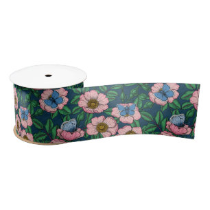 Dog rose and butterflies satin ribbon