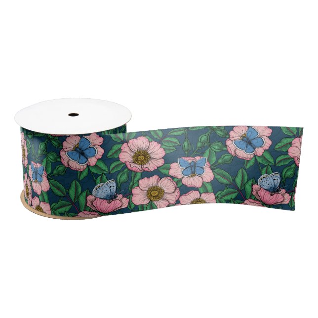 Dog rose and butterflies satin ribbon (Spool)