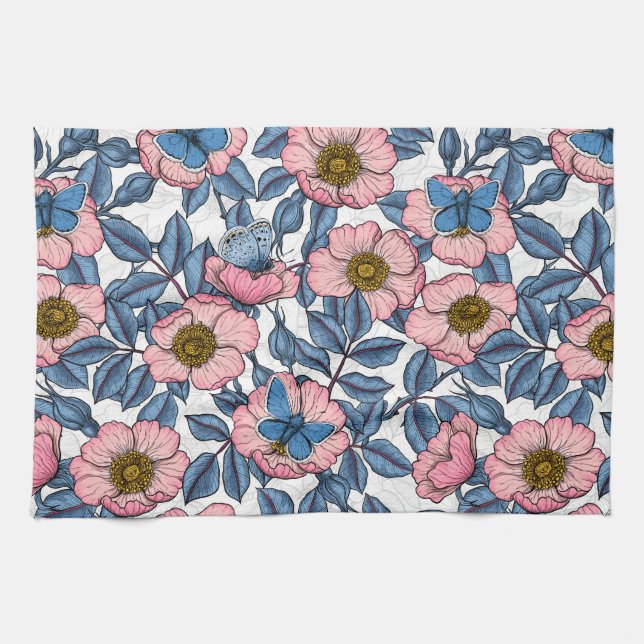 Dog rose and butterflies tea towel (Horizontal)