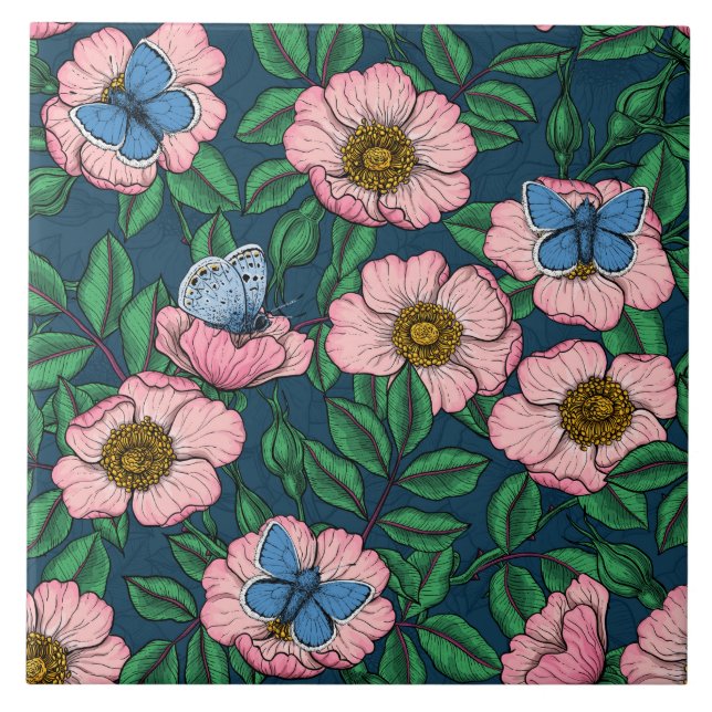 Dog rose and butterflies tile (Front)