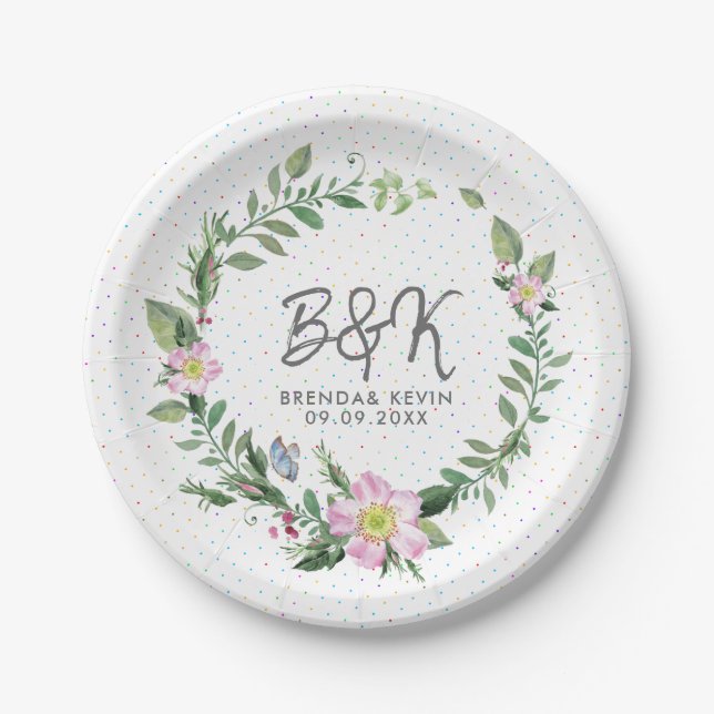 Dog rose Pink & Green Floral Wreath Paper Plate (Front)