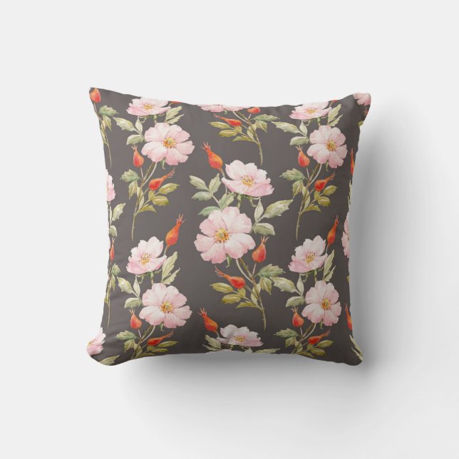 Dog Rose Watercolor: Dark Floral Pattern Cushion (Front)