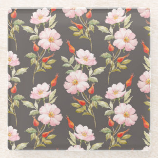 Dog Rose Watercolor: Dark Floral Pattern Glass Coaster