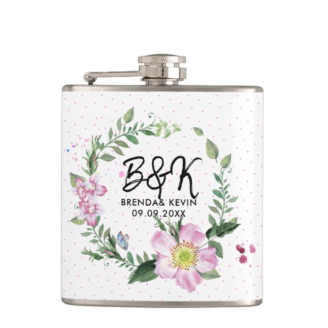 Dog Rose Watercolors Wreath Hip Flask (Front)