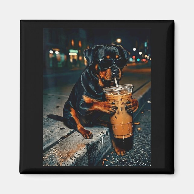Dog rottweiler drinking iced coffee funny animal magnet (Front)