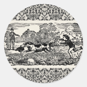 Dog running antique pet art victorian illustration classic round sticker