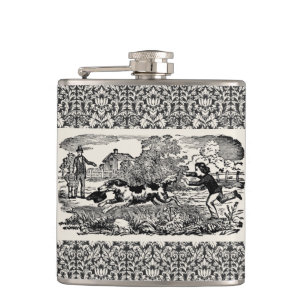 Dog running antique pet art victorian illustration hip flask