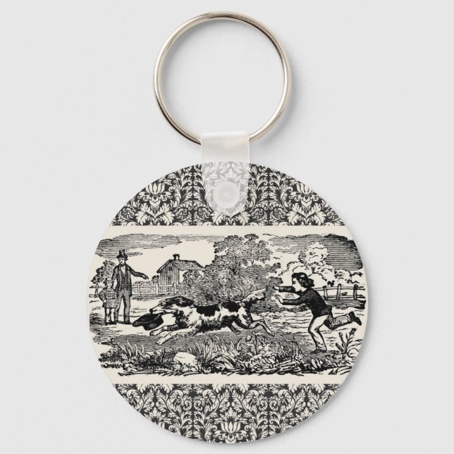 Dog running antique pet art victorian illustration key ring (Front)