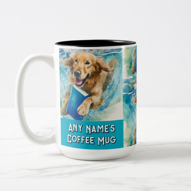 Dog Running with the Big Book Two-Tone Coffee Mug (Left)