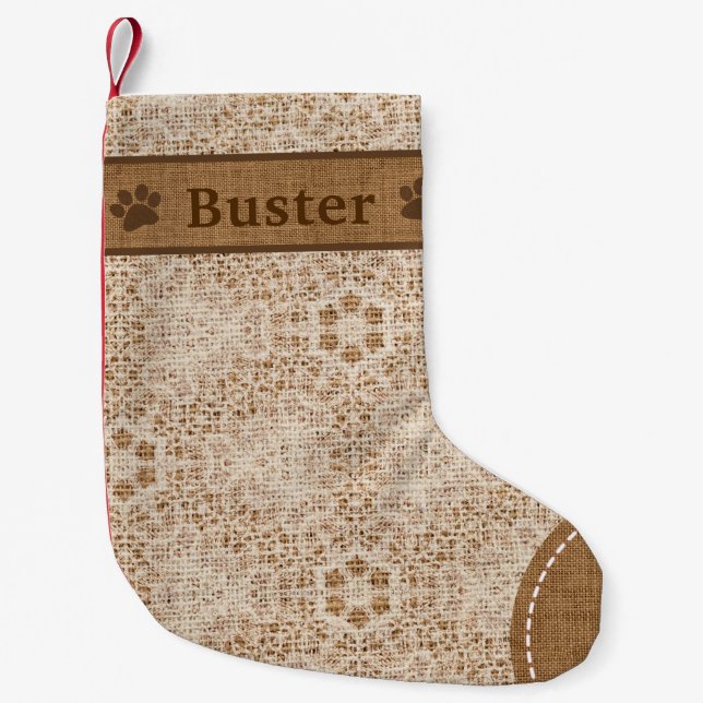 Dog Rustic Burlap & Lace Snowflake Personalised Small Christmas Stocking (Front)