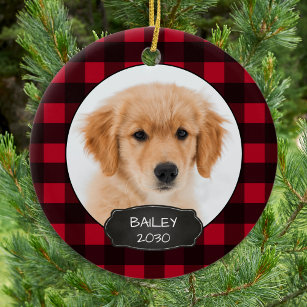 Dog Rustic Red Plaid Christmas Puppy Pet Photo   Ceramic Tree Decoration
