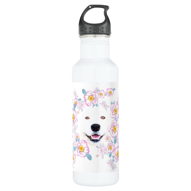 Dog Samoyed and pink flowers, customized name 710 Ml Water Bottle (Front)