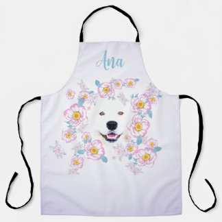 Dog Samoyed and pink flowers, customized name Apron