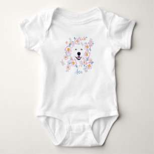 Dog Samoyed and pink flowers, customized name Baby Bodysuit